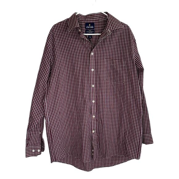 Stafford Maroon & Blue Checkered Button Down Regular Fit Shirt, Large, Pre-owned - Picture 3 of 6